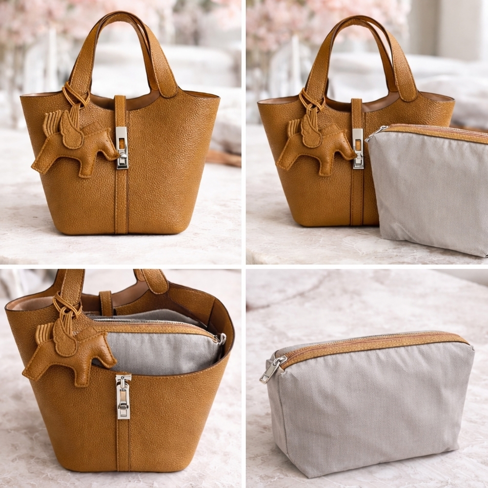 Camel Brown Pebbled Faux Leather Mini Tote Set w/ Horse Charm + Inner Pouch – So